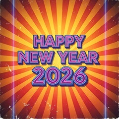 Vibrant happy new year 2026 celebration with retro sunburst background and neon lights