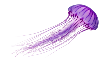 A luminous purple jellyfish gracefully swims underwater, its delicate tentacles trailing, isolated on a transparent png background.