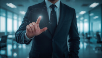 Focused businessman in pinstriped suit delicately manipulates an invisible holographic interface with his right hand in a modern, blue-lit office. His curved fingers and sharp hands convey interaction