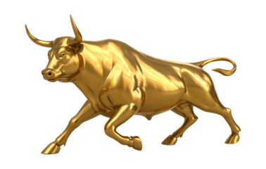 A majestic golden bull statue, shining bright, is captured in a powerful charging pose, ready to move. Transparent png isolated image.
