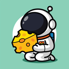 Cute Astronaut Holding Cheese Illustration for Space Cartoon Character and Funny Food Concept