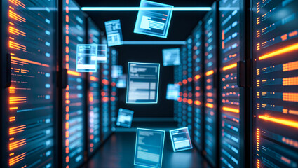 Server room with towering racks and floating neon holographic data interfaces in cyan, amber, visualizing big data transfer and digital infrastructure through fluid motion and seamless light construct