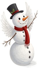 Snowman with angel wings, joyful mood, spreading arms, transparent background