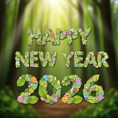 Happy new year 2026 nature inspired floral text in a lush green forest setting