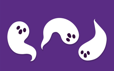 Cute ghost floating with Halloween for Trick or Treat. Funny spooky boo character. Spook phantom with happy smiling face expression. Banner or Poster Halloween day.