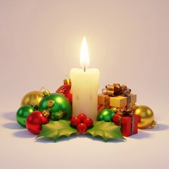 Festive Still Life with Burning Candle and Christmas Ornaments Arrangement
