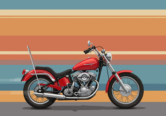 Red Chopper Motorcycle Illustration with Chrome Accents and Retro Background.