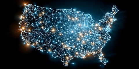 Illuminated united states map composed of interconnected glowing points representing cities and infrastructure on a dark background
