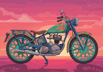 Colorful Vintage Motorcycle Illustration with Ornate Details and Sunset Backdrop.
