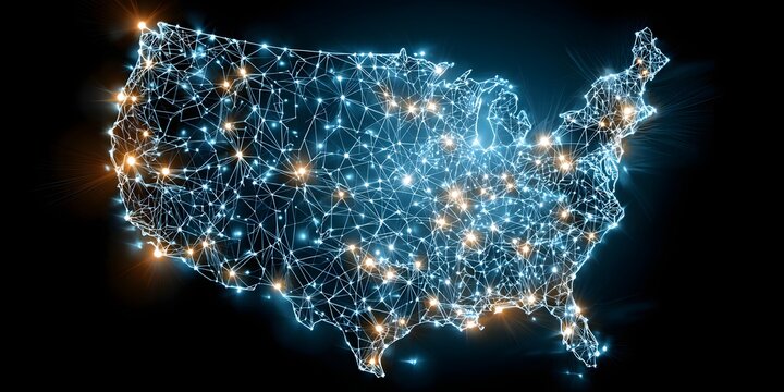 Illuminated united states map composed of interconnected glowing points representing cities and infrastructure on a dark background
