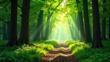 Obraz premium Sun-dappled forest path, lush green canopy overhead, sunlight filtering through leaves, creating a magical atmosphere Perfect for nature, travel, and environmental themes , trees, path