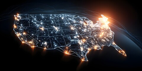 Illuminated united states map at night showing glowing city lights and vast energy networks from above