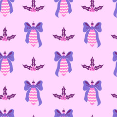 Christmas Ornaments with Holly and Bows Seamless Pattern. Cute Pastel Purple Background with striped Baubles Ribbons Leaves and Berries. Delicate Xmas design. Flat Vector illustration