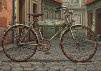 Vintage Bicycle with Rust and Patina in Urban Setting.