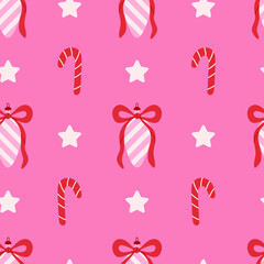 Coquette Christmas Ornament and Candy Cane Seamless Pattern. Cute Pink Hand drawn Holiday Background with striped Bauble Bow Ribbon Stars and Sweet Treat. Kawaii Girlie flat vector illustration