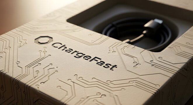 ChargeFast Brand Logo on Packaging with Electronic Circuitry Design.