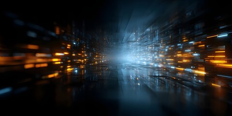 Abstract futuristic cityscape with glowing lights and digital data streams creating a sense of advanced technology and urban exploration