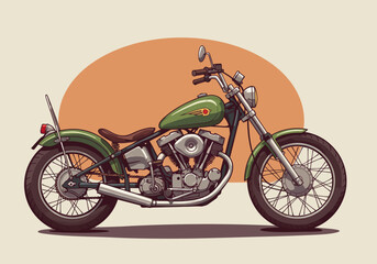 Green Vintage Motorcycle Illustration with Detailed Engine and Classic Design Elements.