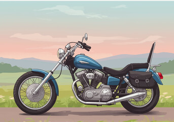 Illustration of a Classic Blue Motorcycle on a Scenic Road.