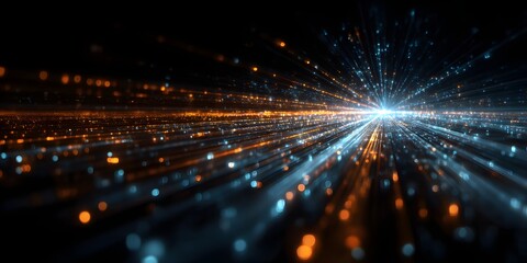 Abstract burst of glowing light streaks and bokeh effects creating a dynamic futuristic and energetic visual representation of speed and data flow