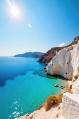 Fototapeta premium Sun-drenched Aegean Sea, crystal-clear turquoise waters lapping against whitewashed cliffs, iconic Greek islands in the distance A picturesque summer scene of idyllic beauty , sunshine, boat