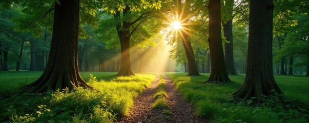 Obraz premium Sun-dappled path winds through a lush woodland forest, ancient trees casting long shadows Sunlight filters through leaves, creating a magical atmosphere , woods, serene