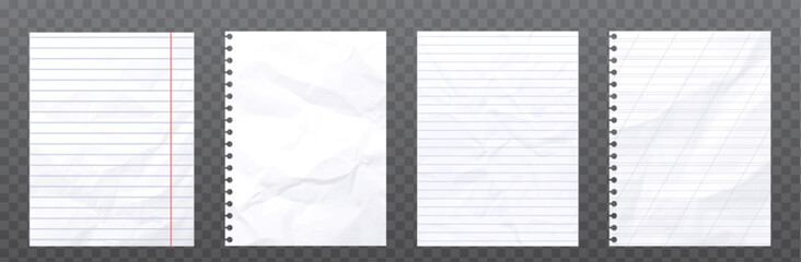 Crumpled notebook sheets set isolated on transparent background. Vector realistic illustration of empty grid and line white paper, wrinkled diary pages, blank letter background, old school memo notes