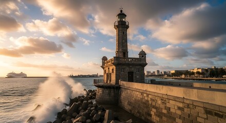 Coastal lighthouse on a fortified pier with waves crashing against the structure at sunset