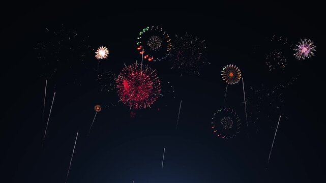 Beautiful Fireworks exploding on black 4K Animation Background. Birthday, Anniversary, Celebration, Holiday, new year, Party, Invitation, Christmas, festival, greeting, Diwali, Wedding 3D animation