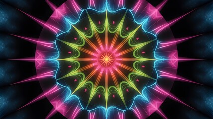 Vibrant abstract radial kaleidoscope pattern with glowing neon pink electric blue and lime green light bursts emanating from a central core
