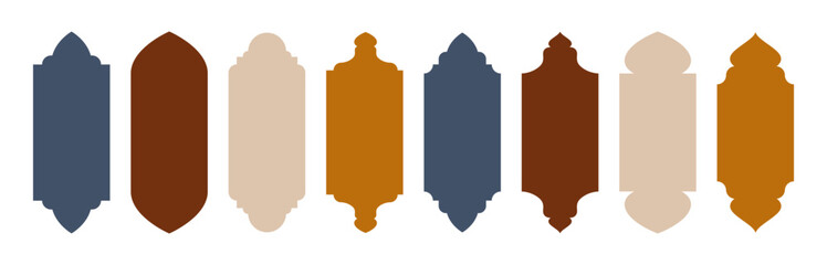 Islamic window frames set isolated on white background. Flat vector illustration of traditional arabic border shapes, vintage mosque arches, muslim architecture design elements, Ramadan gate decor