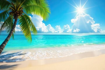 Fototapeta premium Sun-drenched beach scene with vibrant turquoise water, fluffy white clouds, and golden sand Perfect for summer holiday themes, travel brochures, or vacation websites , seaside, idyllic, warmth