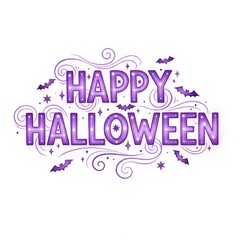Obraz premium Happy Halloween Lettering in Purple with Bats and Stars on White Background