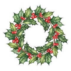 Fototapeta premium Festive Holly Wreath with Red Berries and Green Leaves on White Background