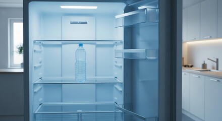 An empty refrigerator with a single bottle of water on the middle shelf, illuminated by cool blue light.
