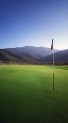 golf. Ancient golf course green glowing in morning light, manicured grass surface. event key visuals, club posters, designed for fitness apps and gym onboarding, used by fitness trainers.
