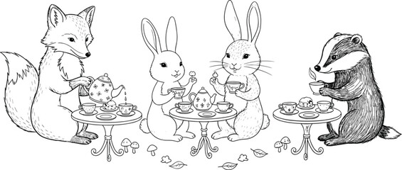 Whimsical woodland tea party illustration, anthropomorphic fox rabbit badger drinking tea, fantasy forest animals, storybook style, blue monochrome line art drawing