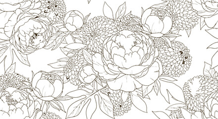 Elegant floral pattern with peonies and chrysanthemums golden outline art