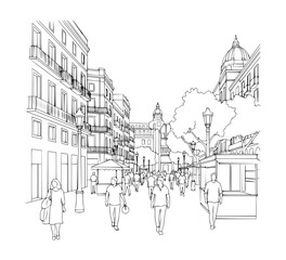 Rambla street in Barcelona. Line Art.