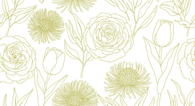 Elegant floral seamless pattern with roses tulips and protea flowers