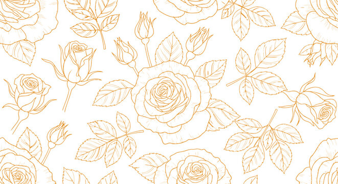 Seamless pattern of hand drawn golden roses on black background