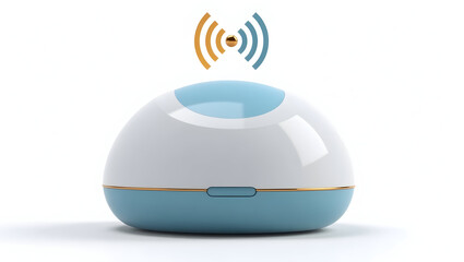 Alpha wave A smart meditation pod with blue and gold alpha wave signals hovering above, pod and signals isolated on white for relaxation tech, sleep science (3)