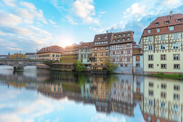Sunset at Petite France in Strasbourg France Terraces and half-timbered houses, as seen from pont Saint-Martin in la Venise France