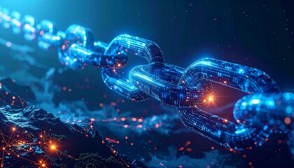 Blockchain technology concept: A digital chain with glowing links.