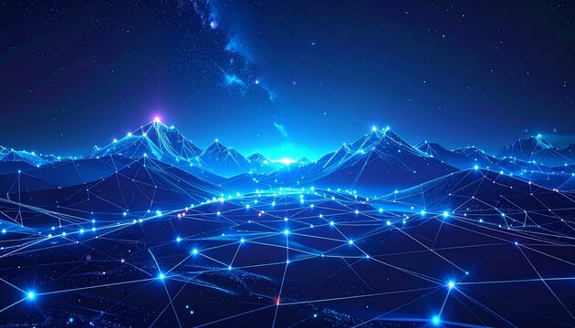 Futuristic landscape with interconnected nodes and mountains under a starry sky, glowing with blue and purple light.