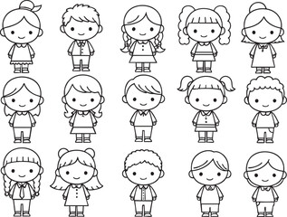 A collection of cute black and white line art cartoon children characters.