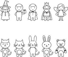 Naklejka premium A collection of cute handdrawn cartoon characters including fantasy figures and animals in a simple black and white line art style.
