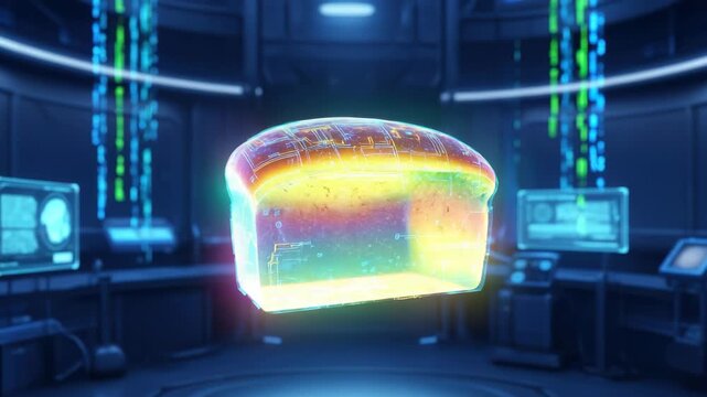 Animated holographic bread loaf in futuristic laboratory