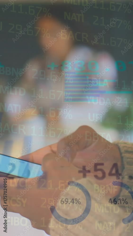 Wall mural animation of financial data processing over businessman using smartphone