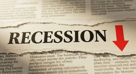 A torn newspaper headline reads "RECESSION" with a red downward arrow indicating a decline.